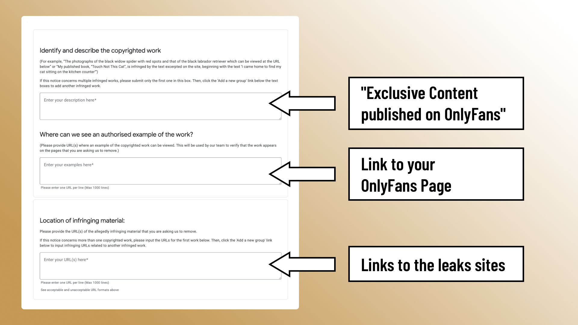 DMCA takedown form example showing how to report OnlyFans content leaks, including fields for copyrighted work description, authorized source link, and URLs of infringing websites.