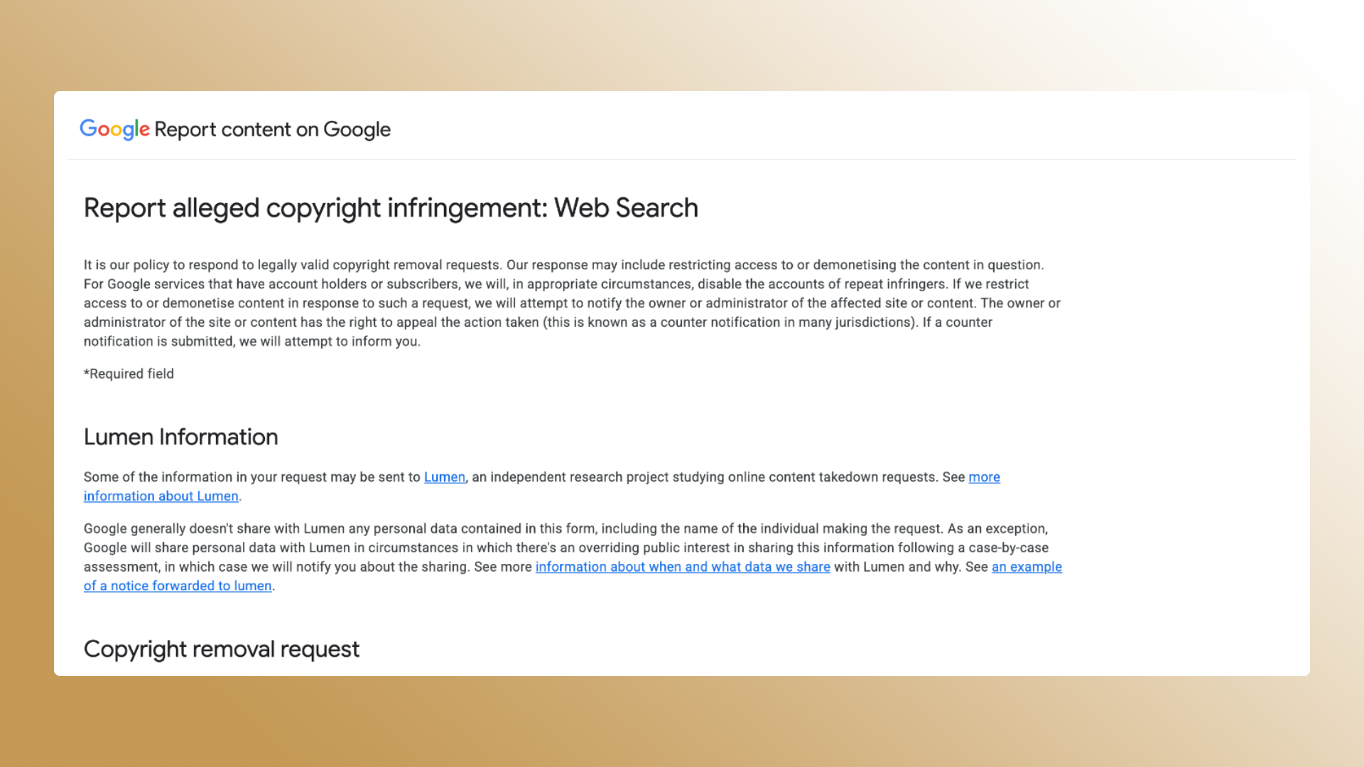 Screenshot of Google’s copyright infringement report form (DMCA) for web search, including Lumen information and copyright removal request details.