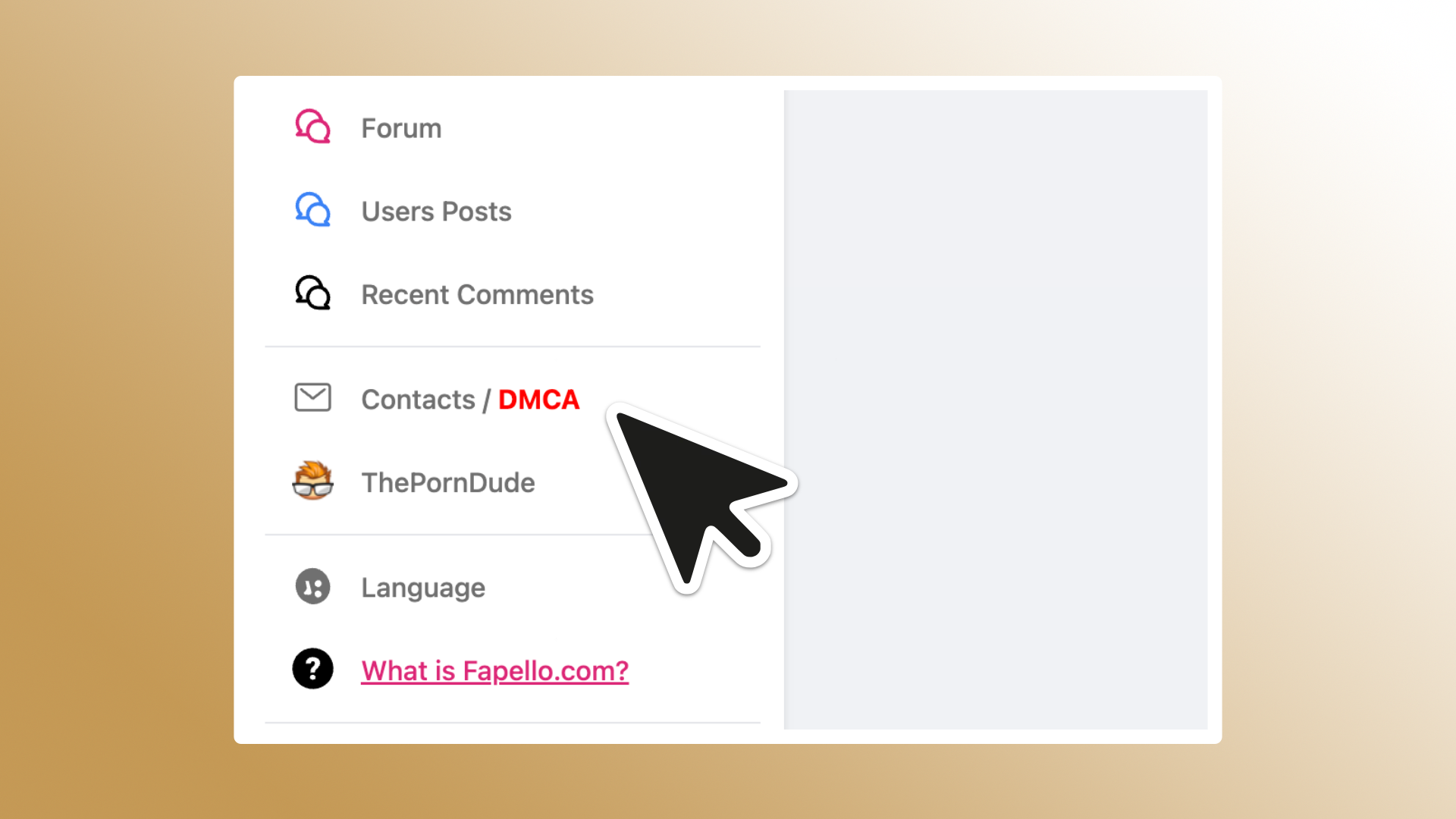 Website sidebar navigation highlighting DMCA contact page link for reporting copyright infringement, with menu items like forum, user posts, recent comments, and support options.