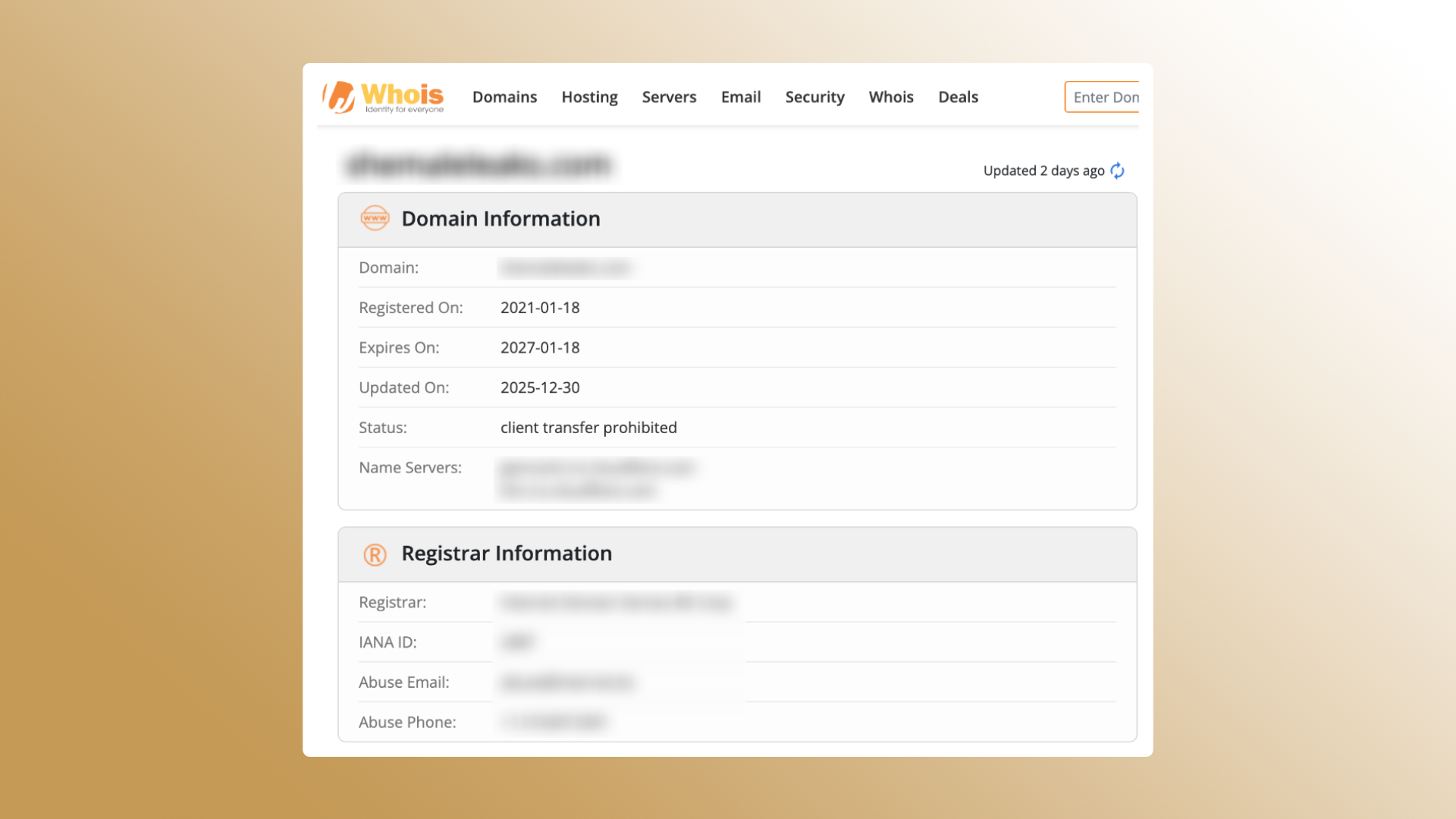 WHOIS domain lookup results page showing domain registration details, including registration date, expiration date, status, name servers, and registrar contact information for copyright enforcement or DMCA reporting.